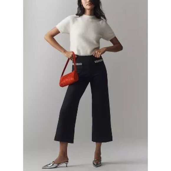 Anthropologie The Colette Cropped Wide-Leg Pants Maeve Rhinestone Pocket Size 24 - Picture 2 of 13